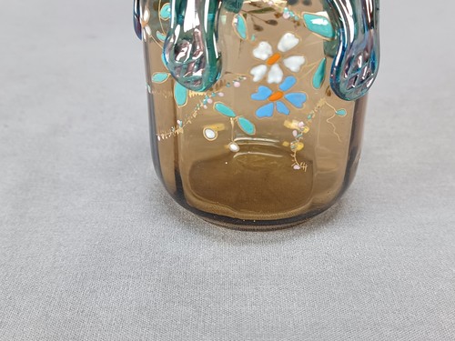 Bohemian Harrach Enamel Flowers Blue Rigaree & Amber Glass 3 7/8 Inch Vase - Picture 7 of 9