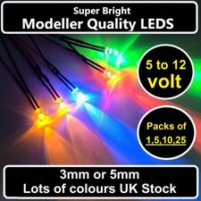 12V Pre-wired Quality Bright LED 3mm 5mm take 5V 9V 12V various colours