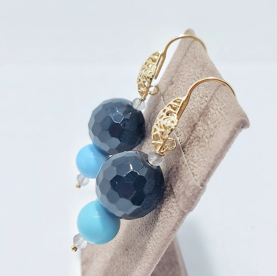 Orecchini donna pendenti argento925 oro giallo chiusura amo pietra nera turchese - Immagine 3 di 4