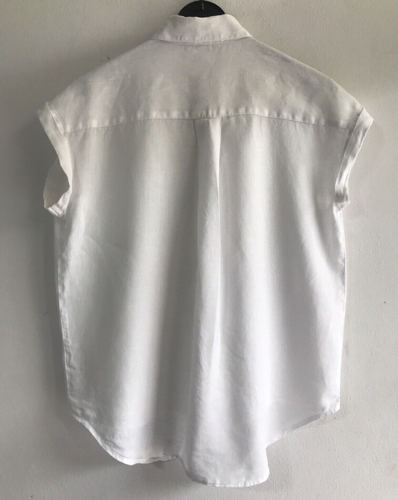 Pure Navy Women Shirt Top 100% Linen White Collared Button Cap Sleeve Size M - Picture 9 of 10
