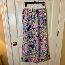 EEUC Lilly Pulitzer Linen Wide Leg Beach Pant Size XS Indigo Palm Reader Print