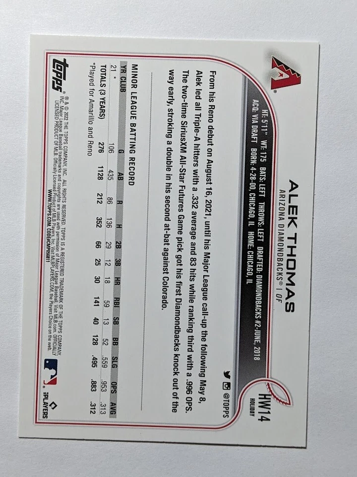 ALEK THOMAS RC 2022 TOPPS HOLIDAY ROOKIE #HW14 DIAMONDBACKS - Image 2 of 2