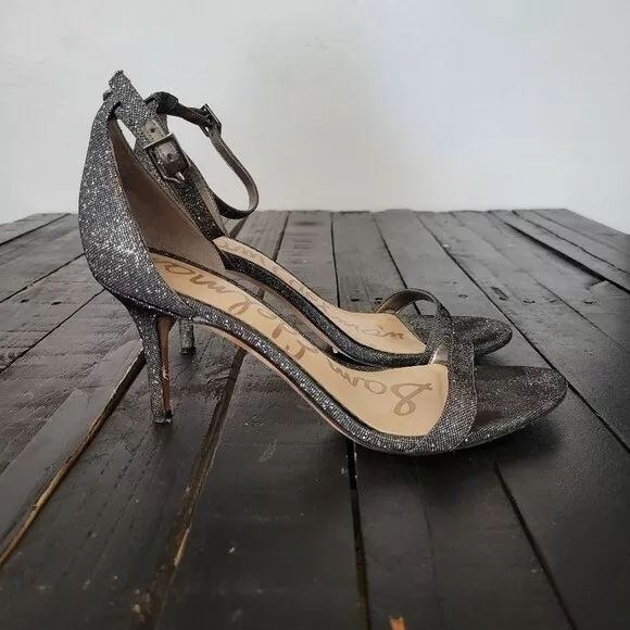 Sam Edelman Patti Pewter Black Shimmer Stiletto Heels Strappy Sandals  Womens 8.5