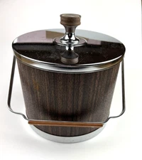 Vintage ATAPCO Faux Wood Grain Chrome Ice Bucket Retro Barware 1960s
