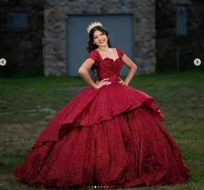 Burgundy Sequin Quinceanera Dresses Straps Off Shoulder Prom Party Ball Gown