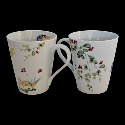2 PAULA DEEN Cottage Core Spring Medley 12 Oz Coffee Tea Mugs Floral Blue Bird