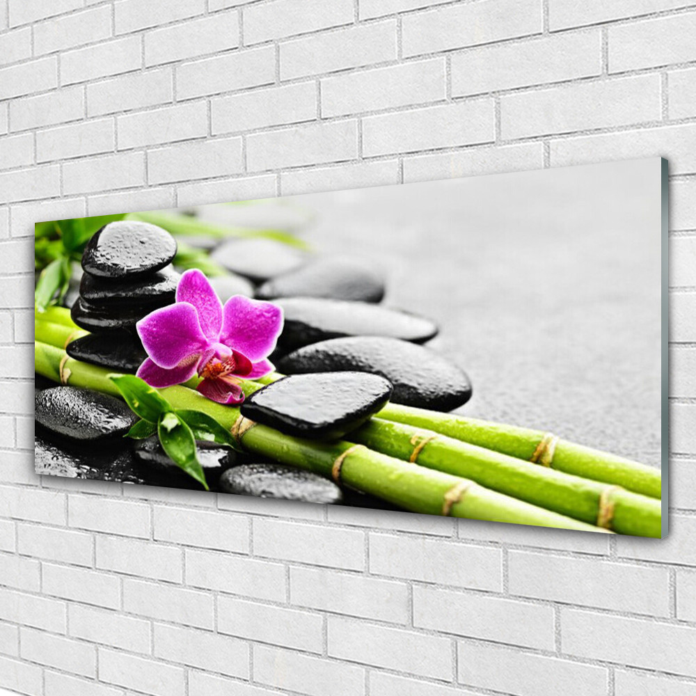 Tableau en verre 125x50 cm avec motif pierres fleur et bambou