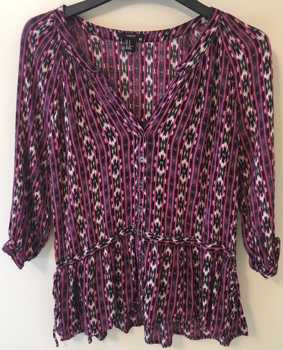 FOREVER 21 MAGENTA/MULTICOLORED PEPLUM TOP REGULAR WOMEN’S SIZE MEDIUM - Picture 1 of 4