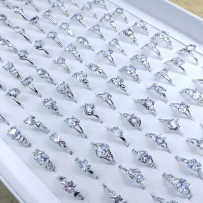 100pcs Wholesale Crystal Zircon Rings Bulk Mixed Finger Ring Wedding Engagement