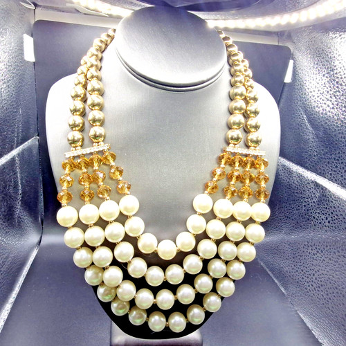 Gold Tone Metal Faux Pearl Beaded 4 Layer Statement Rhinestones Necklace 16-18"