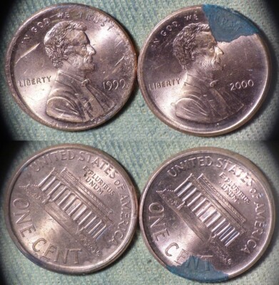 Error:Lot 2 Coins Lincoln Cent 1999+2000 Broadstruck Almost Nickel Size IREC2305