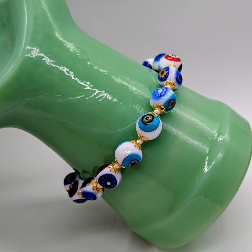 GlassOfVenice Murano Italian Glass Millefiori Mosaic Bracelet White 8" Goldtone