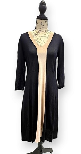 SIYU Vintage Midi Dress, Black & Tan, 100% Extrafine Merino Wool, Spain, Size L