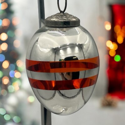 4  Pottery Barn Kugel Style Mercury Glass Silver Orange Stripes Egg Ornament