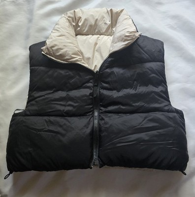 Zara Reversible Cropped Puffer Vest Black Cream Elastic Drawcord Size L-XL