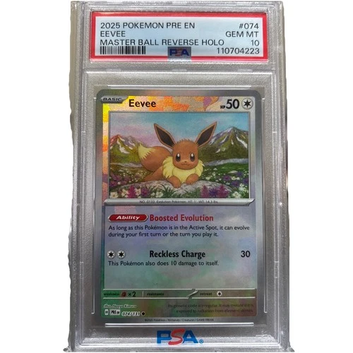 2025 POKEMON PRE EN-PRISMATIC EVOLUTIONS #074 EEVEE MASTER BALL REVERSE PSA 10