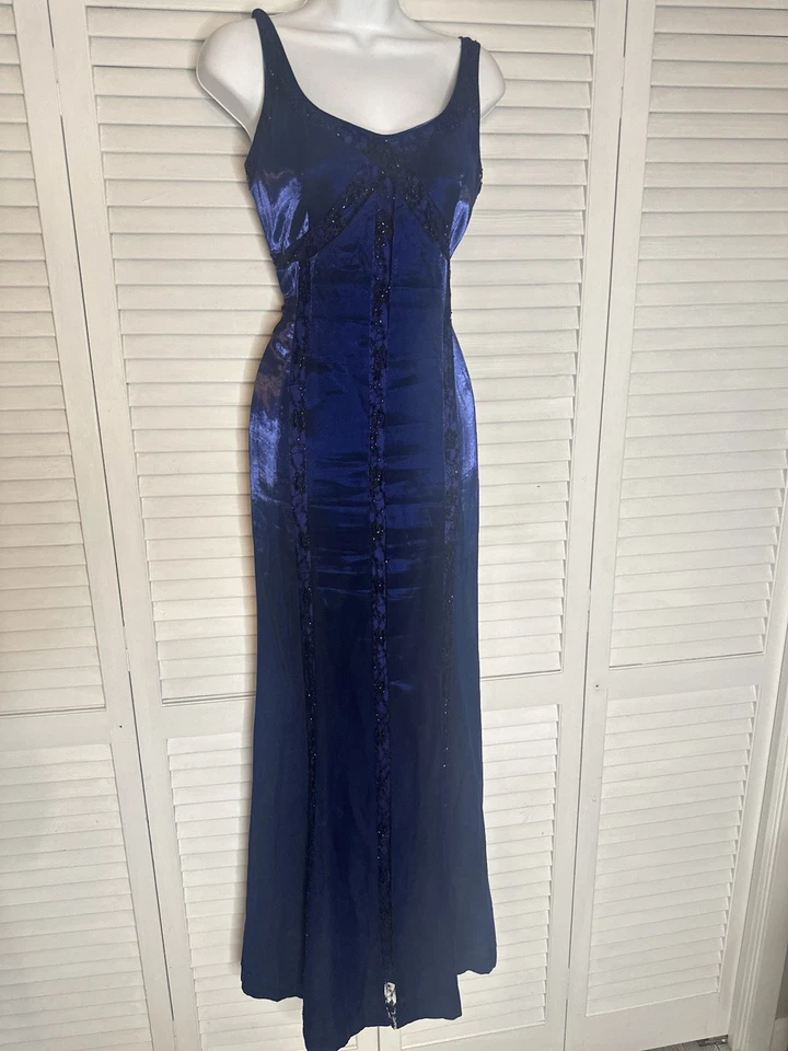Maxi Vestido Formal Sin Mangas De Encaje Con Cuentas Iredescentes Azul Marino Años 90 Y2K Hada Gótico 8 Foto 4 de 4