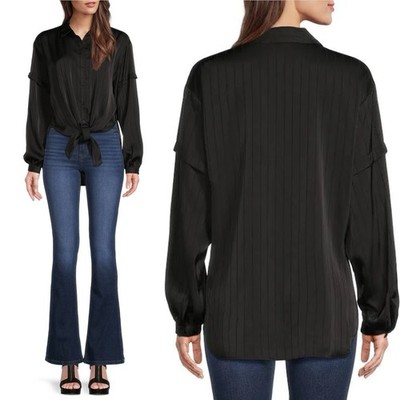 NWT DKNY Women s Jacquard Point Collar Long Sleeve Tie Front Blouse in Black L