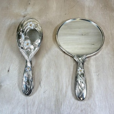 Vintage Silver Tone Hand Mirror Hair Brush Vanity Set Lot Of 2 Floral Decor
