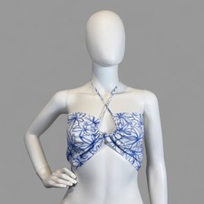 NIA Floral Halter Crop Top White Blue Cutout ...