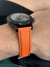 ORANGE Sailcloth Canvas/Leather watch band strap BROWN Stitch QR Bars