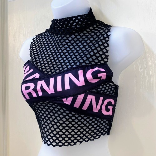 New Medium Mesh Pink Warning Caution Tape Crop Top Punk Grunge Retro Neon Black