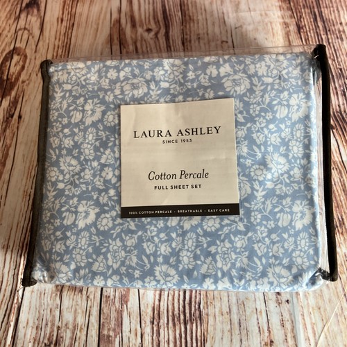 Laura Ashley Baumwolle Perkal blau & weiß Blumenmuster 4-teiliges komplettes Lakenset - Bild 1 von 10