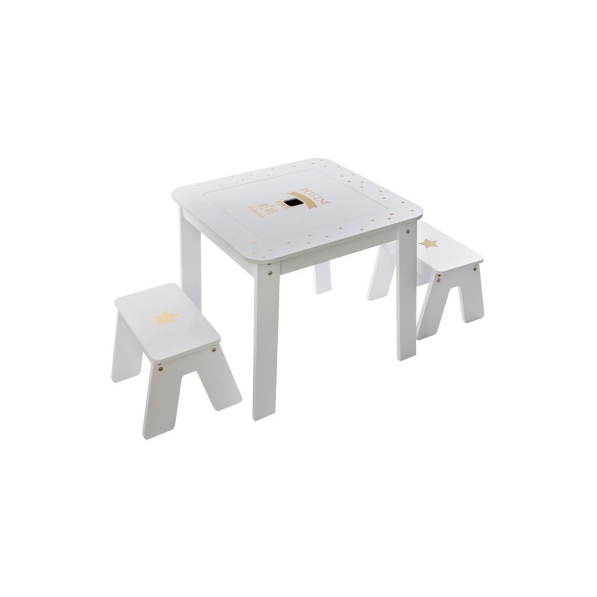 Table enfant avec rangement Bac 57cm or et 2 tabourets assortis