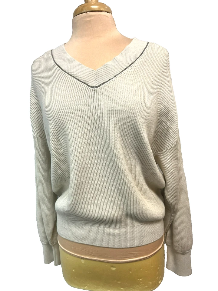 Suéter pulôver creme Brunello Cucinelli minúsculo miçangas gola V malha canelada algodão, G - Imagem 2 de 4
