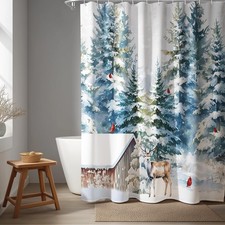 Christmas Deer Shower Curtain with Cardinal Birds and Snow Cottage   Winter F...