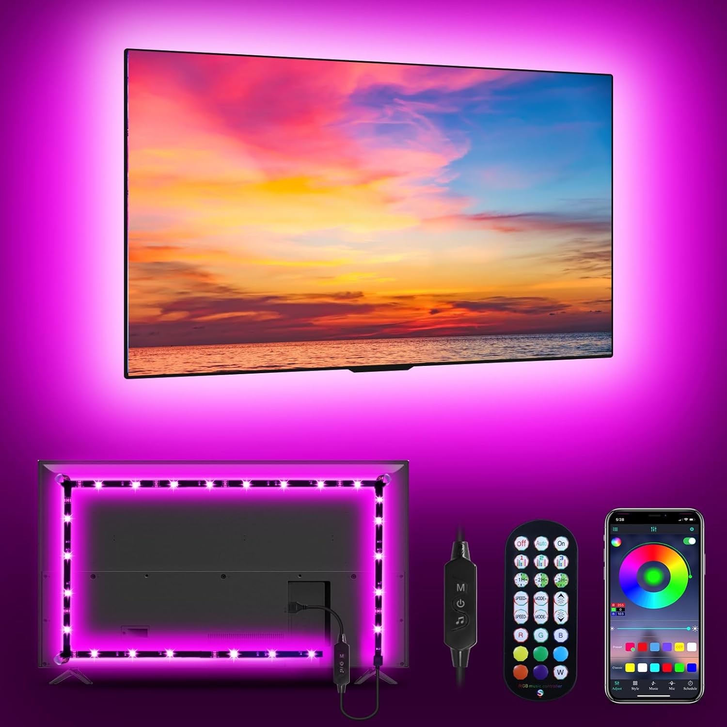 RGB LED Strip Light TV Backlight App Remote Music Sync Multicolor 32 43 Inch