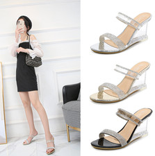 Womens Fashion Casual Rhinestone Slip On Clear Wedge Heel Sandals Slippers New