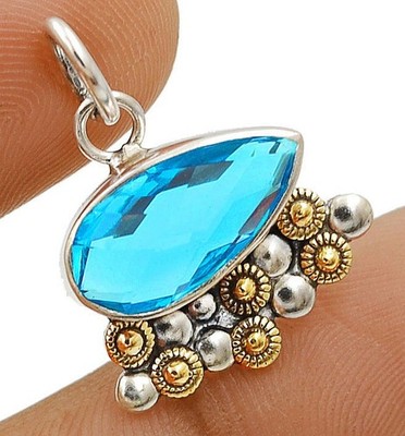 Bicolor 3 kt natürlicher makelloser Blautopas 925 Sterlingsilber Anhänger @B11-5