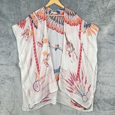 Womens Kimono M/L White Boho Duster Floral Whimsical Coastal Festival Open Front