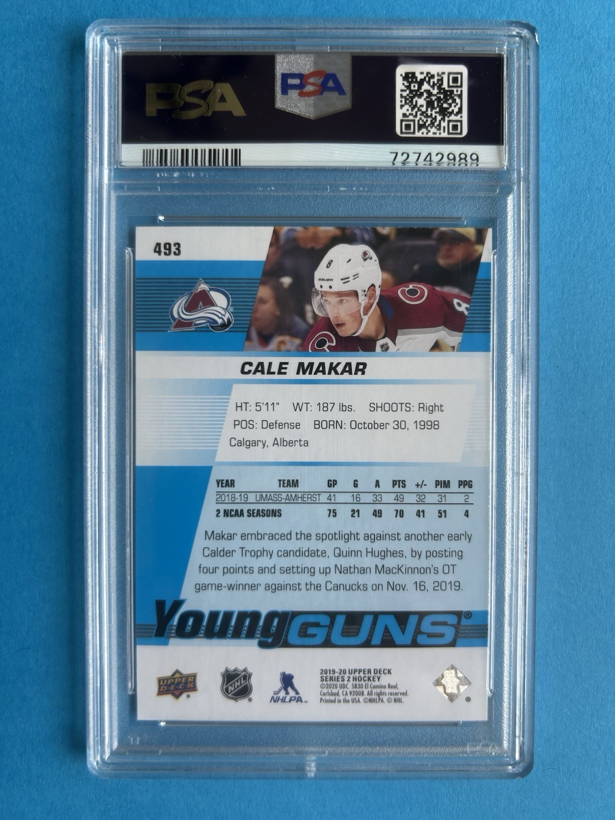 2019-20 Upper Deck - Young Guns Cale Makar #493 (RC) PSA 9 view 2