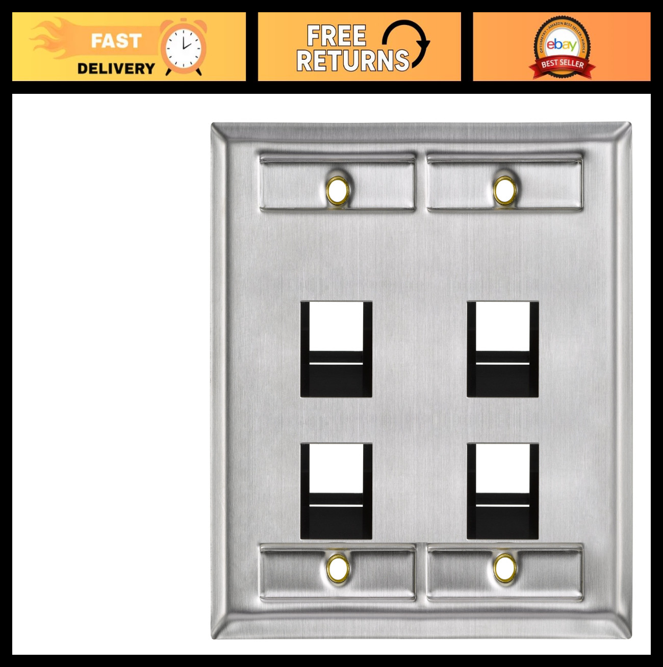 4-Port Angled Stainless Steel QuickPort Wall Plate, Dual Gang, ID Windows, Black
