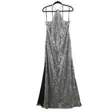 Halston Dress Womens 16 Silver Yeva Sequin Halter Maxi Gown Formal 10112261