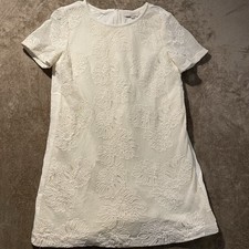 LOFT Dress Womens Large Linen Cream Ivory Lace Overlay Palm Leaf Beachy Knee