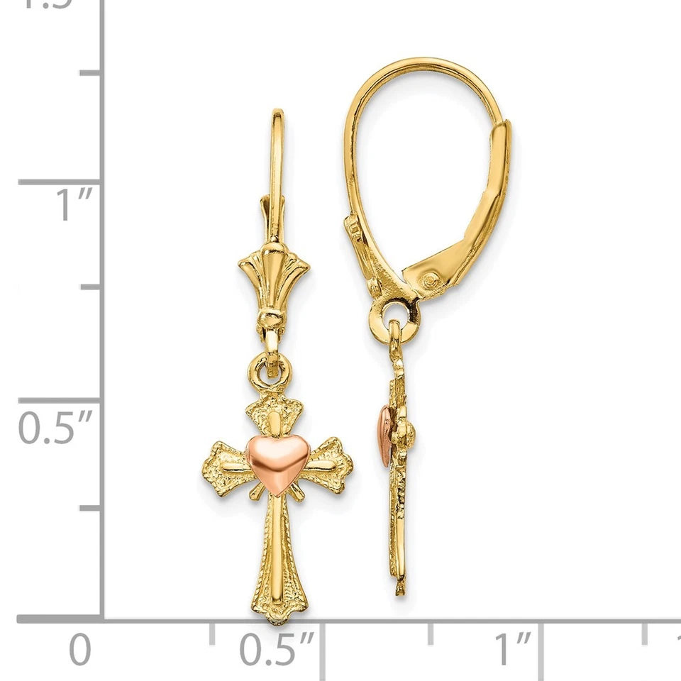 10k Two-tone Gold 32mm Heart on Cross Leverback Earrings - Image 3 of 4