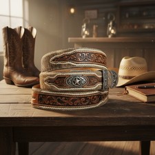 Vintage Tony Lama Western Calf Hair And Tooled Leather Belt Size 44 No Buckle