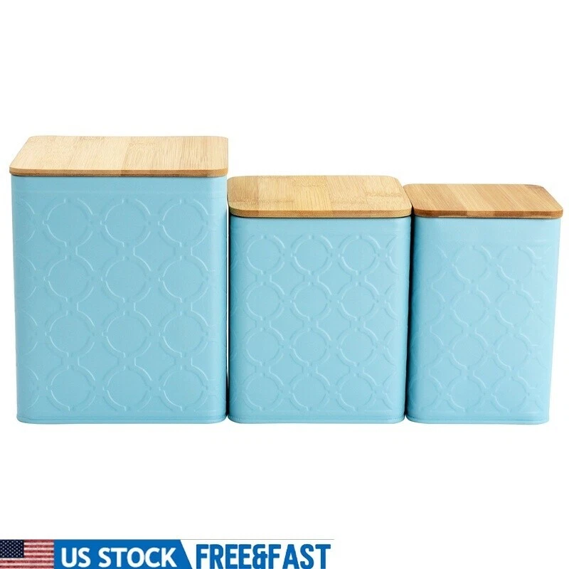 3 Piece Square Iron Canister Set Food Storage Organization W/ Lid Turquoise Hot