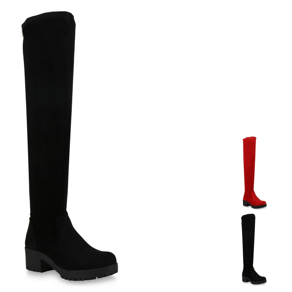 MARKENLOS 895840 Damen Stiefel Langschaft Boots Blockabsatz High Heels New Look