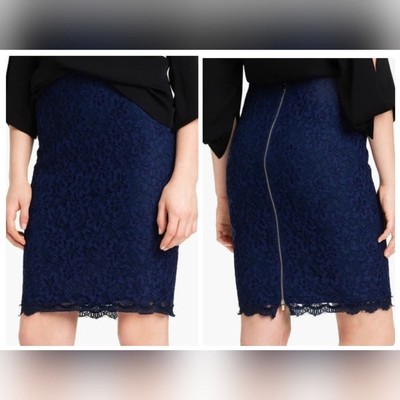 New DVF Diane Von Furstenberg Scotia Navy Blue Eyelash Lace Pencil Skirt Size 10