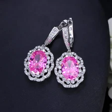 Luxury Silver Plated Oval CZ Flower Dangle Drop Huggie Earring for Wedding Party