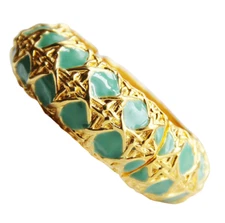 Kenneth Jay Lane Teal Enamel Basket Weave Hinge Bangle Bracelet Signed K.J.L.