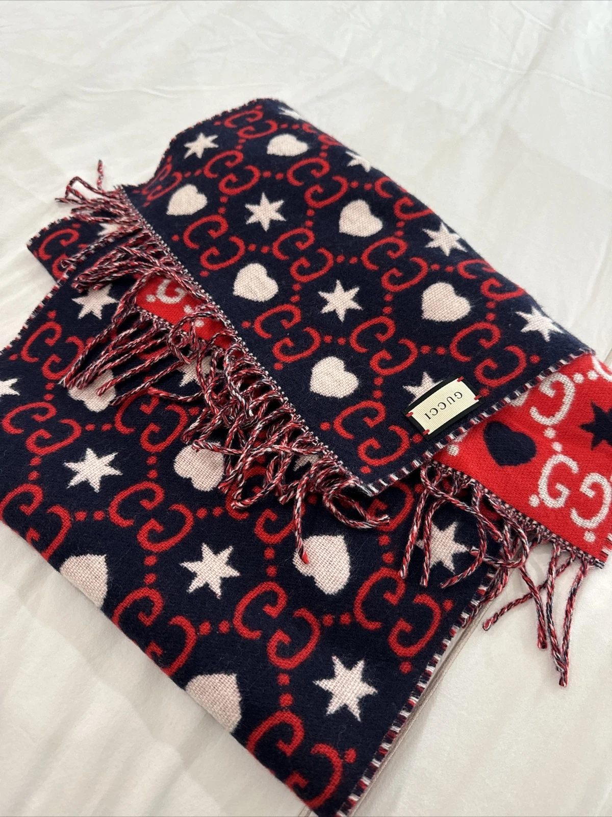 100% Authentic GUCCI Blue And Red Wool Alpaca Big GG Rock Monogram Scarf