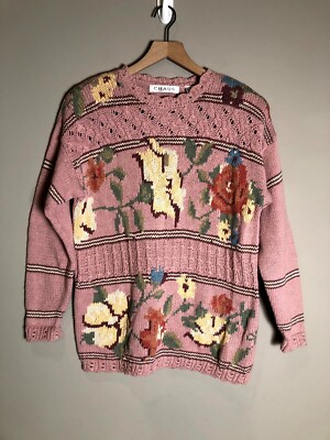 VTG Chaus Dusty Rose Pink Floral Knitted Granny Cottage Shoulder Pad Sweater M