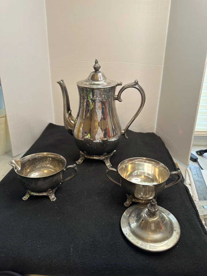 Conjunto de bule de chá ISCO International Silver Company tigela de açúcar creme PATINA - Imagem 2 de 4