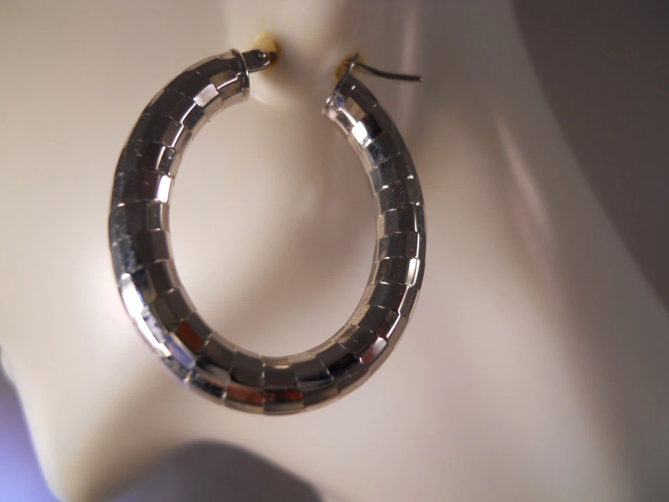 PENDIENTES ARO MILOR ITALY ORO BLANCO 14K CORTE DIAMANTE DISEÑO TABLERO 29MM Foto 3 de 4