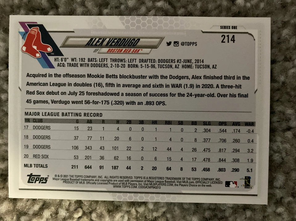 Alex Verdugo 2021 Topps Yellow Walgreens SP Parallel # 214 Boston Red Sox - Image 2 of 2